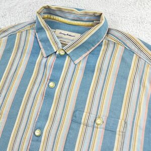 Tommy Bahama Silk Shirt Men's XL Blue Pink Striped Short Sleeve‎ Button Casual
